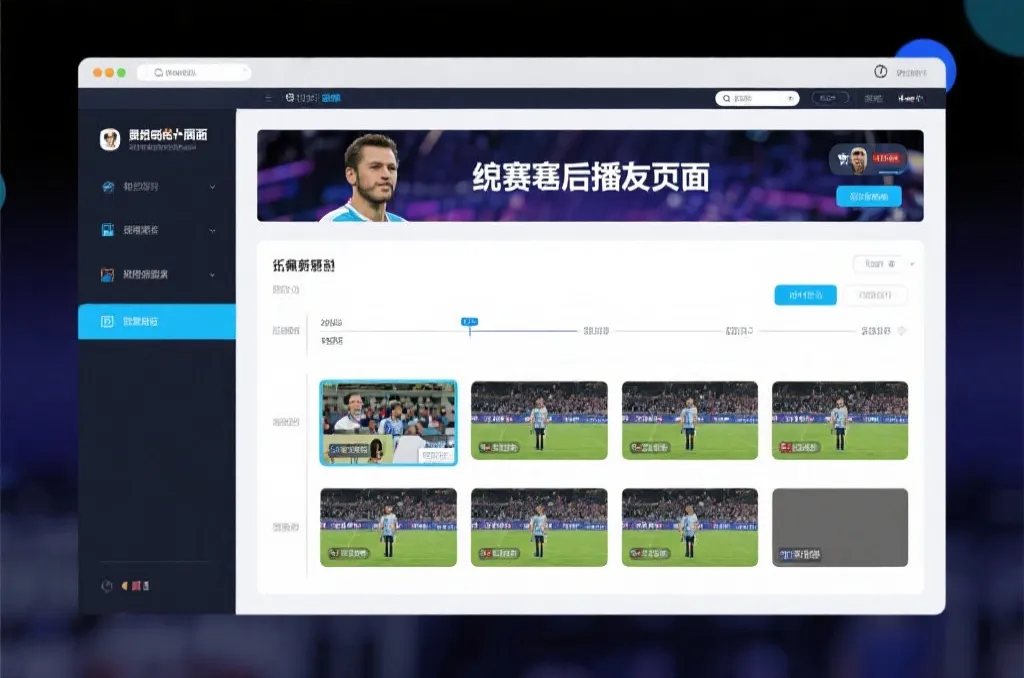 比赛结束后，电视屏幕展示集锦回放页面，旁边有时间轴和多角度切换提示